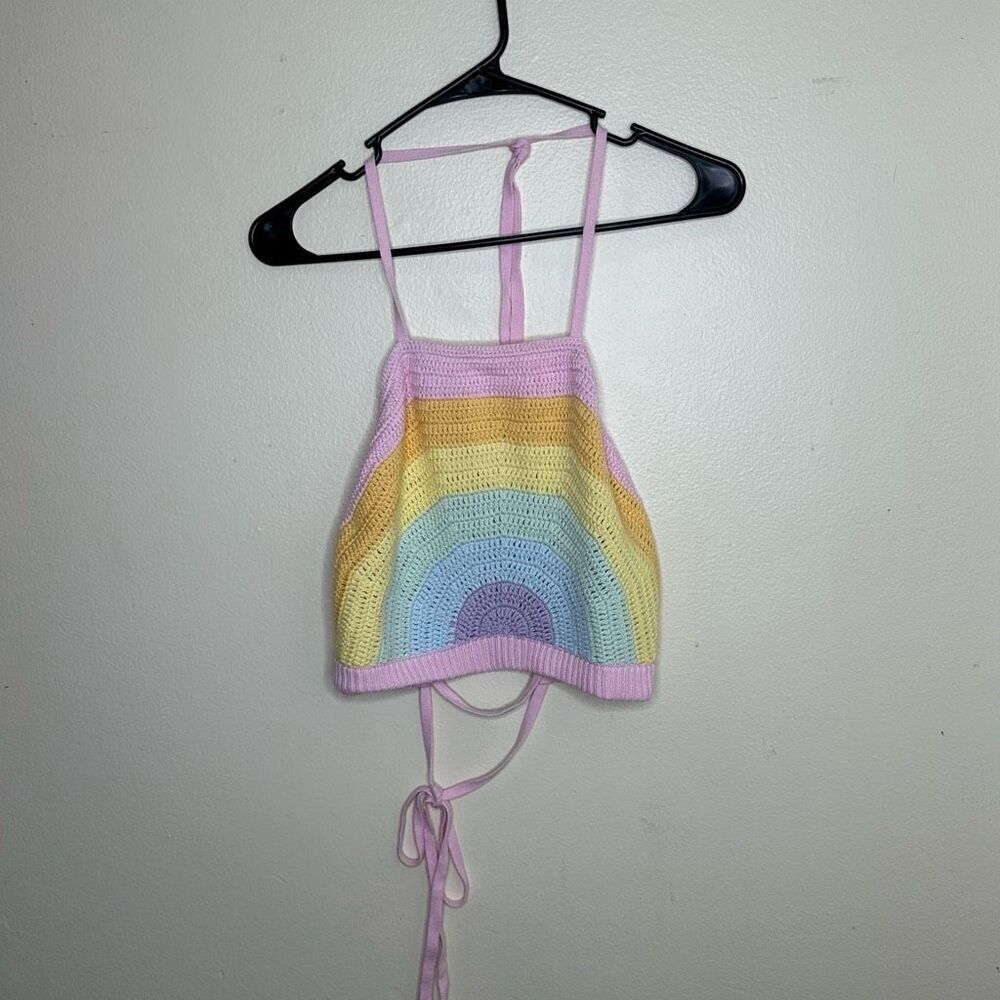 Sweet Society Pastel Rainbow‎ Cropped Knit Halter Top size XL